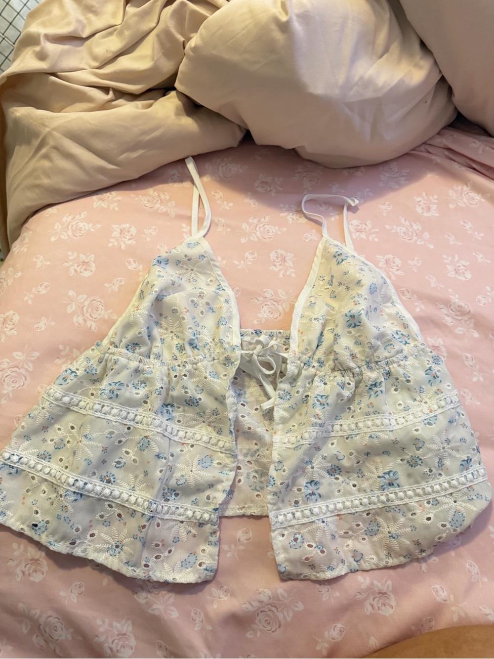 Hollister White Camisole with Blue Floral Eyelet
